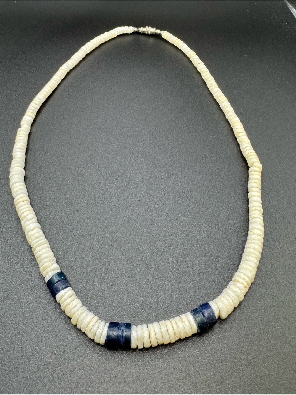 Vintage White Heishi Shell Choker Necklace Blue Coral Accent